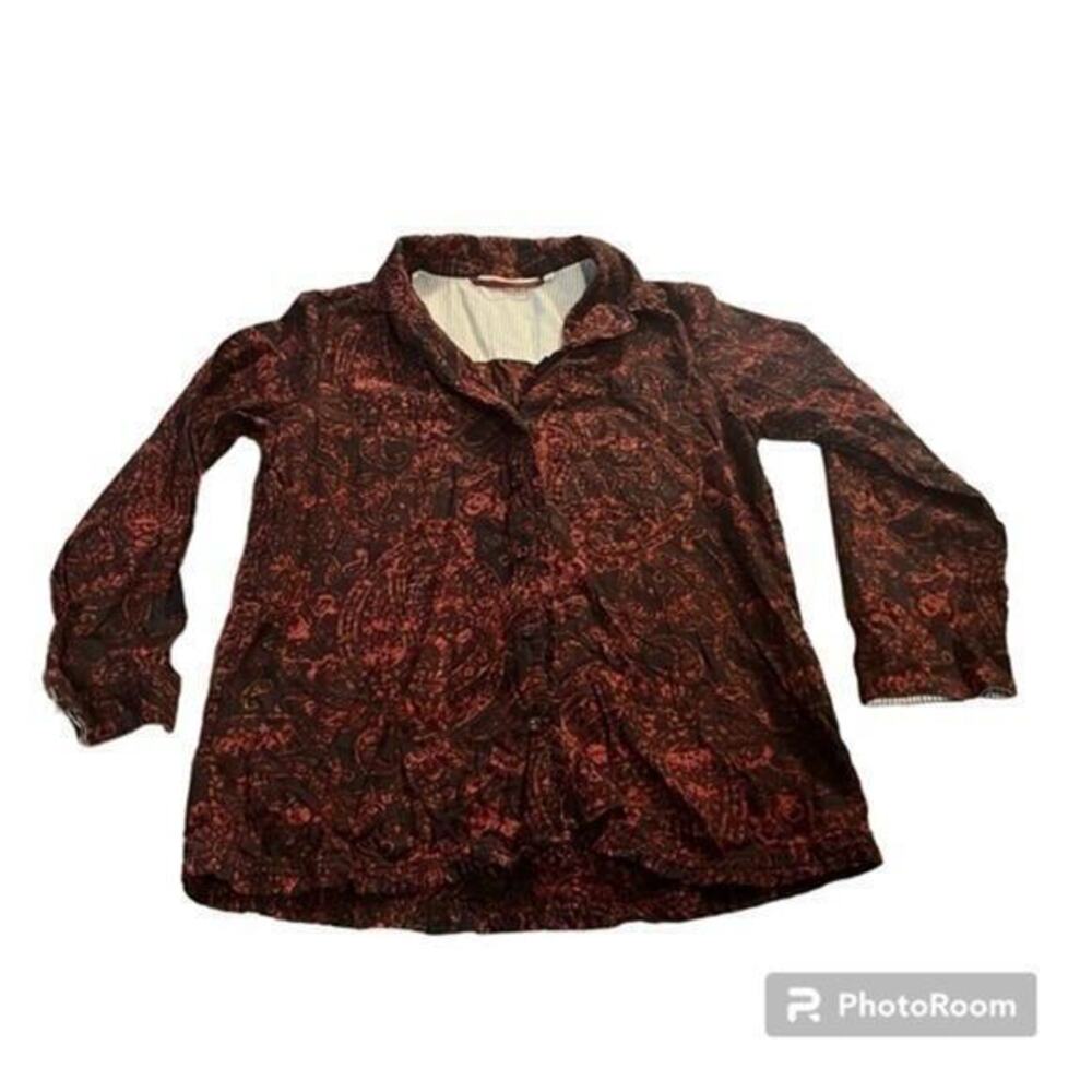 Soft Surroundings navy paisley and red button down shirt with ruffle trim